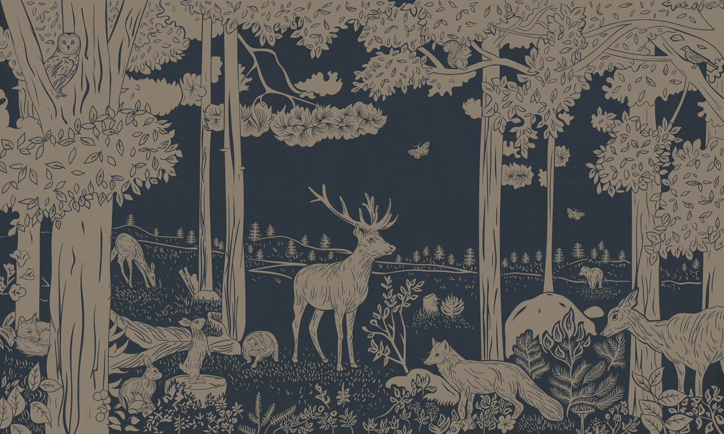 Monochrome Forest - Blue Vintage European mural wallpaper design for kids room — Artehub Egypt