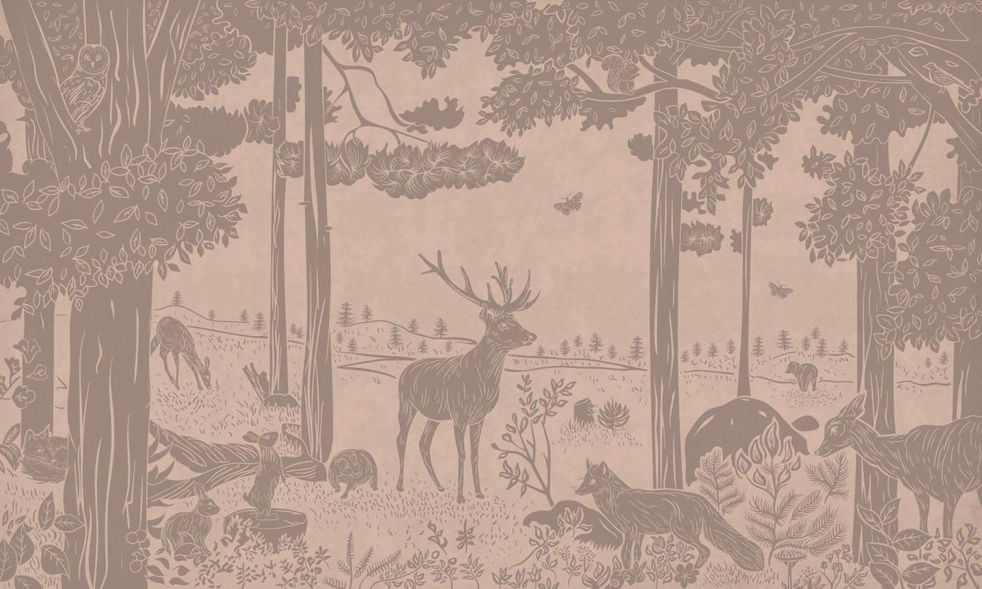 Monochrome Forest - Pink Vintage European mural wallpaper design for kids room — Artehub Egypt