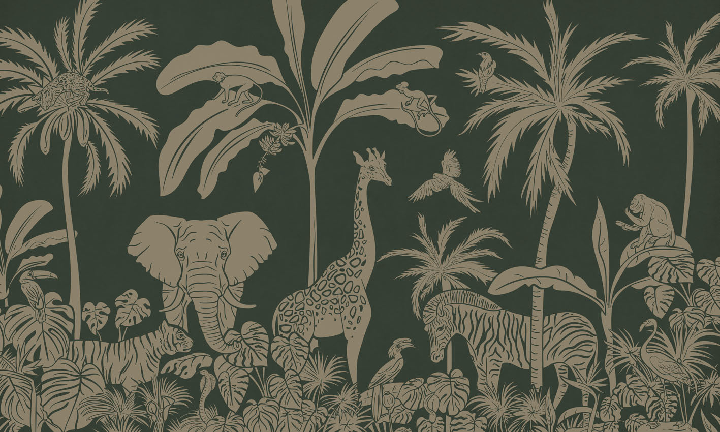 Monochrome Jungle - Green Vintage European mural wallpaper design for kids room — Artehub Egypt
