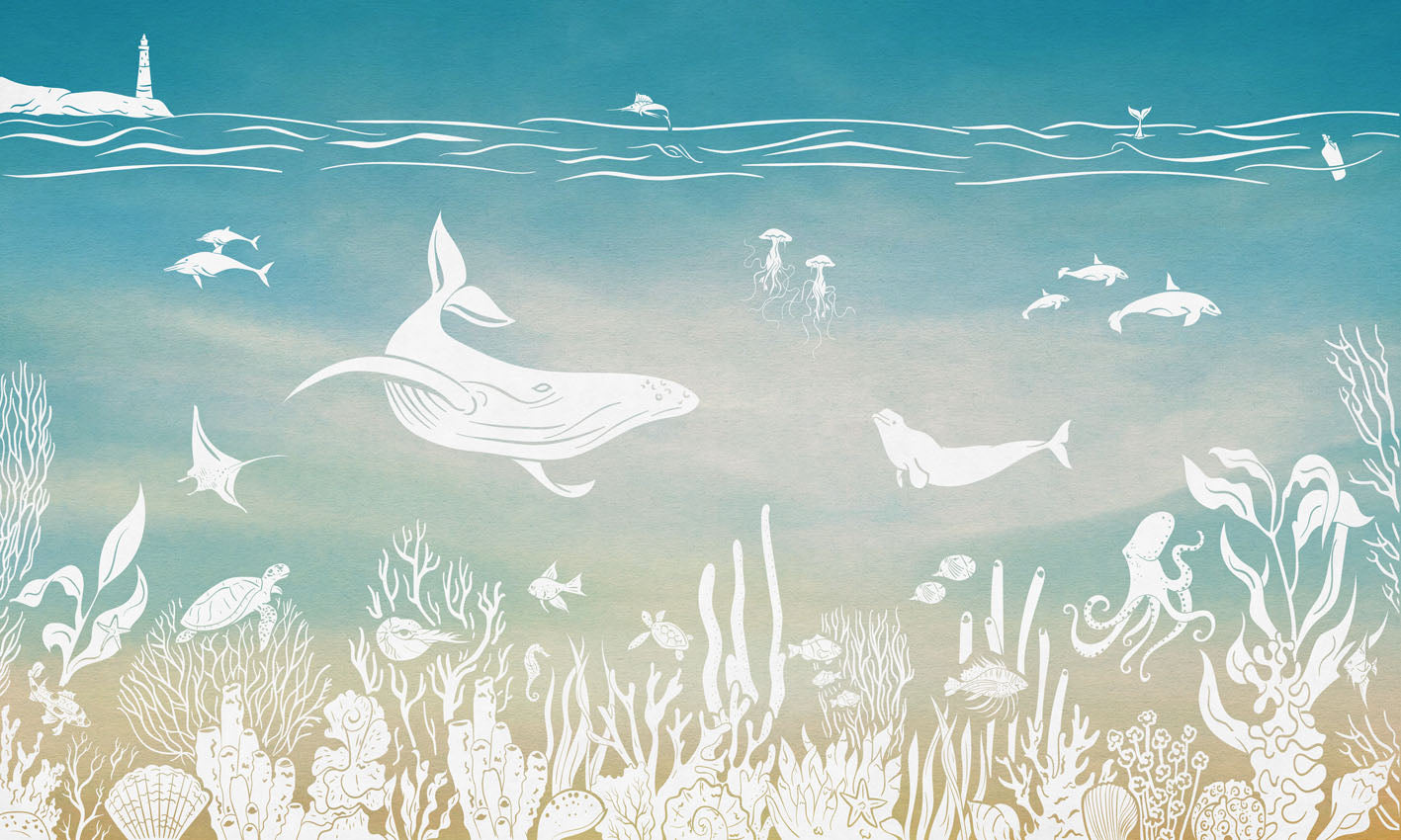 Monochrome Sea - Blue Aqua European mural wallpaper design for kids room — Artehub Egypt