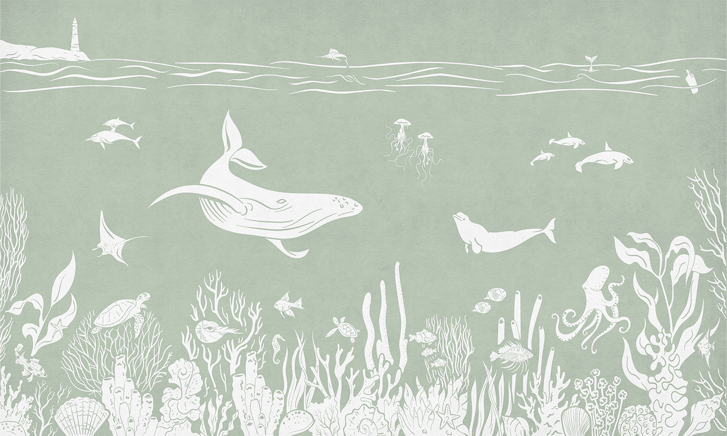 Monochrome Sea - Green European mural wallpaper design for kids room — Artehub Egypt