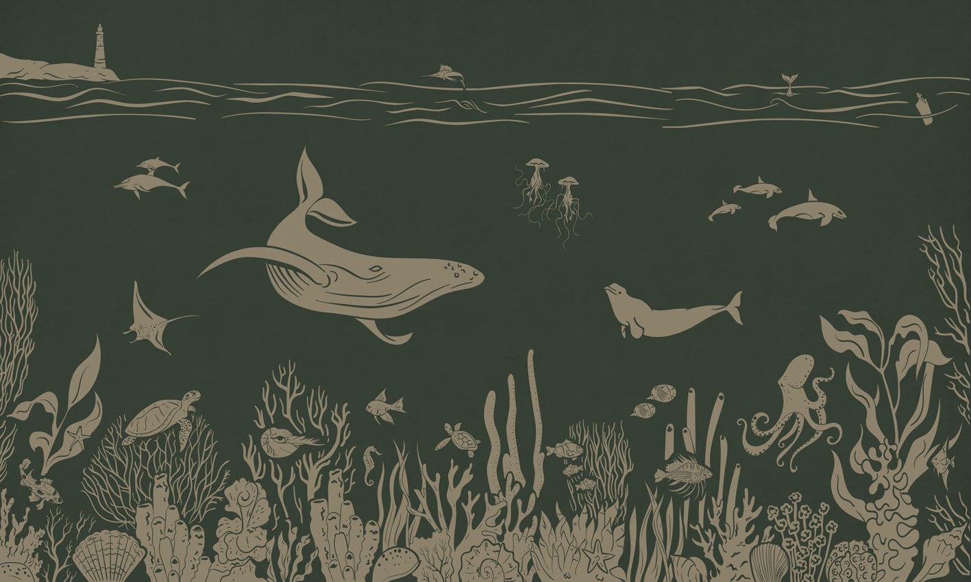 Monochrome Sea - Green Vintage European mural wallpaper design for kids room — Artehub Egypt