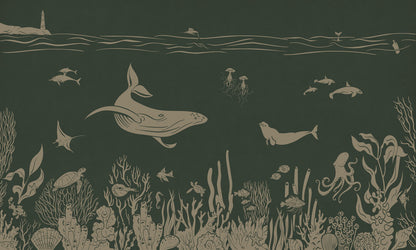 Monochrome Sea - Green Vintage European mural wallpaper design for kids room — Artehub Egypt