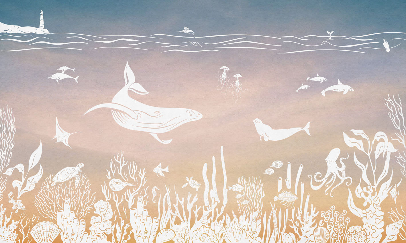 Monochrome Sea - Pink Aqua European mural wallpaper design for kids room — Artehub Egypt