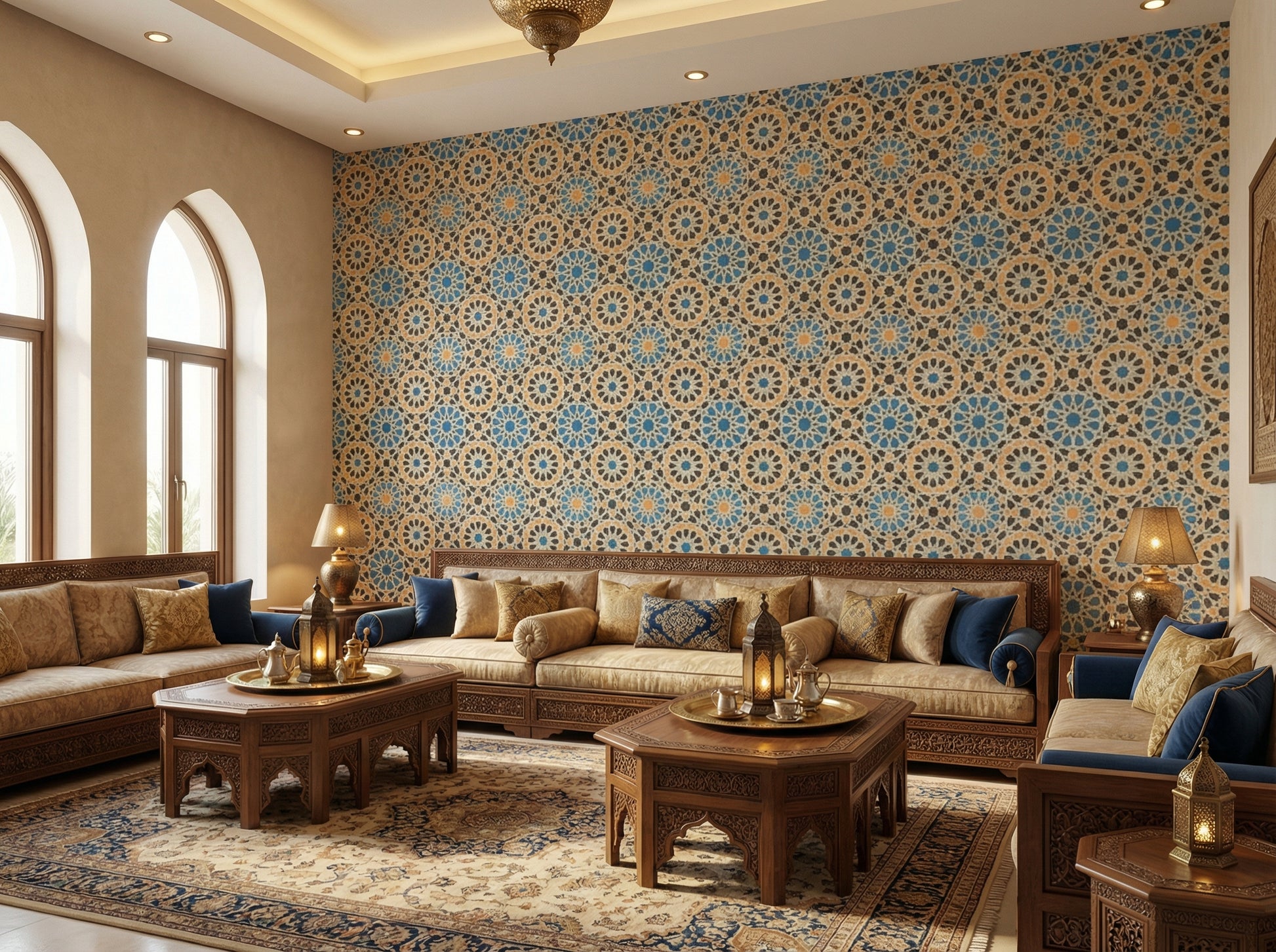 majles room featuring a wall covered in Moresque geometric wallpaper with blue, yellow, and black Islamic patterns. The room includes a wooden side table, and two ornate brass lanterns, creating an elegant Egyptian-inspired decor.
غرفة أنيقة بلمسة مصرية، تتميز بورق حائط موريسكي بتصميمات هندسية إسلامية زرقاء وصفراء وسوداء. تتضمن الغرفة سرير بيج وطاولة جانبية خشبية وفانوسين نحاسيين، مما يخلق ديكوراً شرقياً فاخراً في مصر.
room: majles room