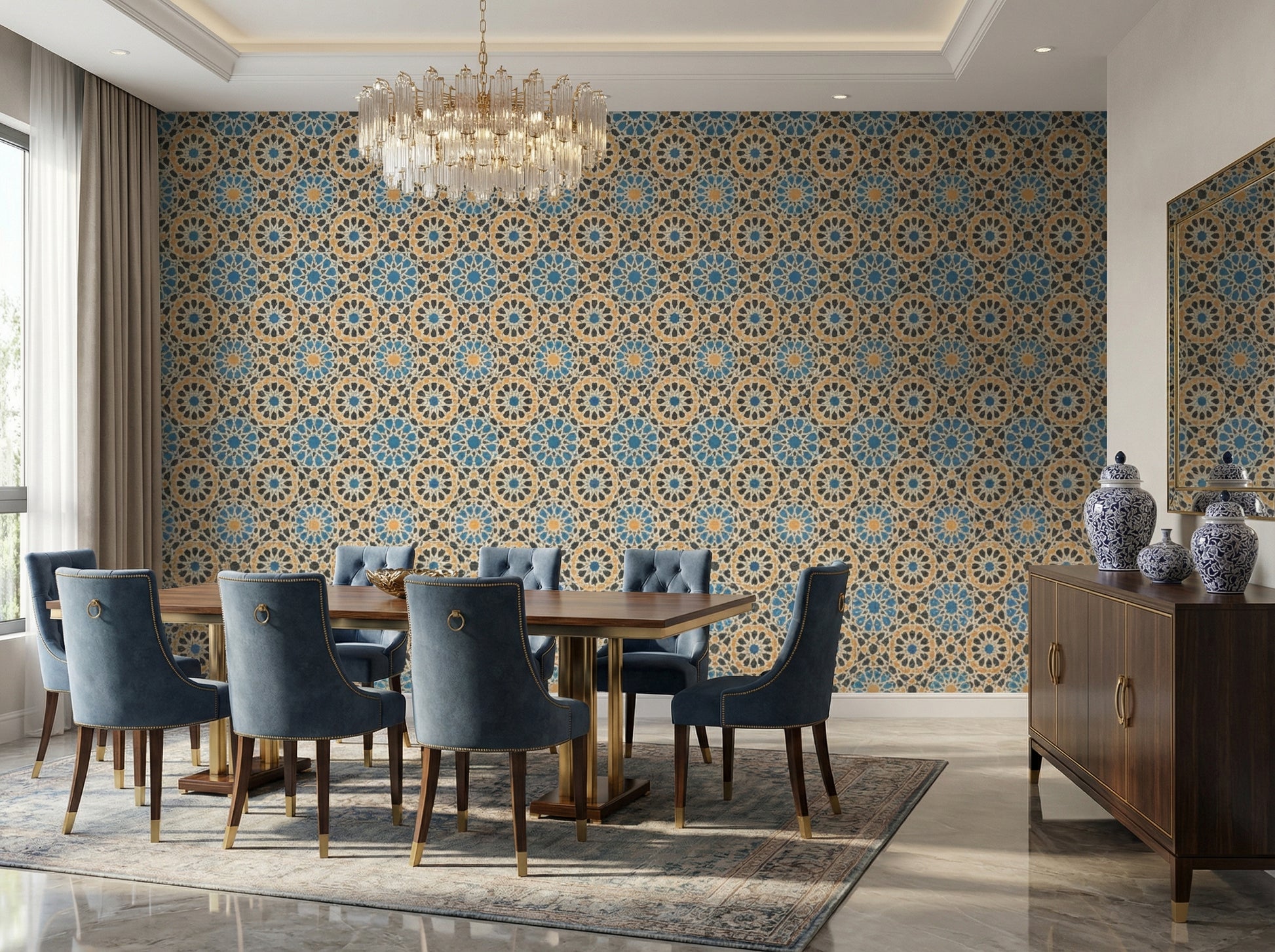 dining room featuring a wall covered in Moresque geometric wallpaper with blue, yellow, and black Islamic patterns. The room includes a, wooden side table, and two ornate brass lanterns, creating an elegant Egyptian-inspired decor.
غرفة أنيقة بلمسة مصرية، تتميز بورق حائط موريسكي بتصميمات هندسية إسلامية زرقاء وصفراء وسوداء. تتضمن الغرفة سرير بيج وطاولة جانبية خشبية وفانوسين نحاسيين، مما يخلق ديكوراً شرقياً فاخراً في مصر.
room: dining room