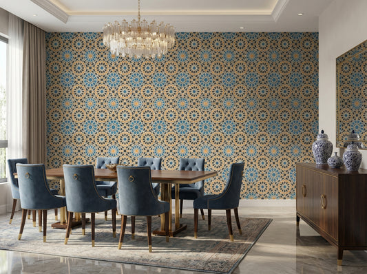 dining room featuring a wall covered in Moresque geometric wallpaper with blue, yellow, and black Islamic patterns. The room includes a, wooden side table, and two ornate brass lanterns, creating an elegant Egyptian-inspired decor.
غرفة أنيقة بلمسة مصرية، تتميز بورق حائط موريسكي بتصميمات هندسية إسلامية زرقاء وصفراء وسوداء. تتضمن الغرفة سرير بيج وطاولة جانبية خشبية وفانوسين نحاسيين، مما يخلق ديكوراً شرقياً فاخراً في مصر.
room: dining room