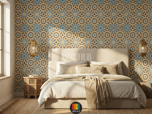 Bedroom featuring a wall covered in Moresque geometric wallpaper with blue, yellow, and black Islamic patterns. The room includes a beige bed, wooden side table, and two ornate brass lanterns, creating an elegant Egyptian-inspired decor.
غرفة نوم أنيقة بلمسة مصرية، تتميز بورق حائط موريسكي بتصميمات هندسية إسلامية زرقاء وصفراء وسوداء. تتضمن الغرفة سرير بيج وطاولة جانبية خشبية وفانوسين نحاسيين، مما يخلق ديكوراً شرقياً فاخراً في مصر.
room: bedroom