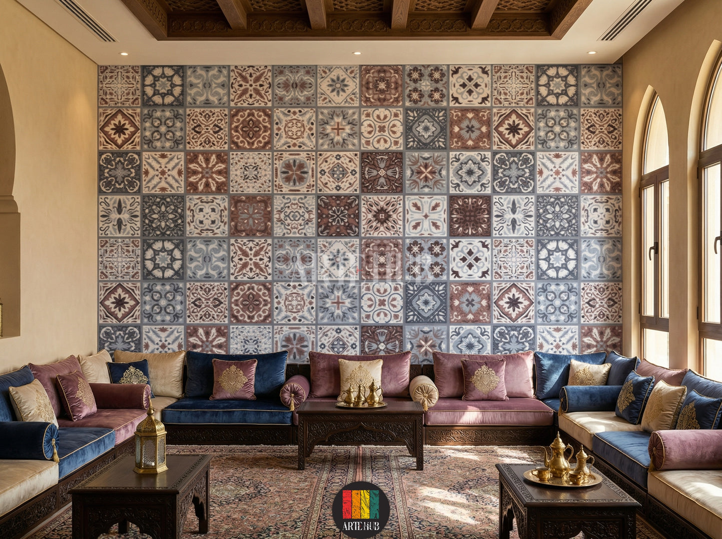 Detailed view of a majles room wall featuring intricate Moroccan tile pattern wallpaper in blue, grey, and brown, enhancing modern home decor in Egypt.
صورة مفصلة لحائط غرفة معيشة مغطى بورق حائط بنقوش بلاط مغربي باللون الأزرق والرمادي والبني، مثالي لديكورات المنازل العصرية في مصر.
room: majles room