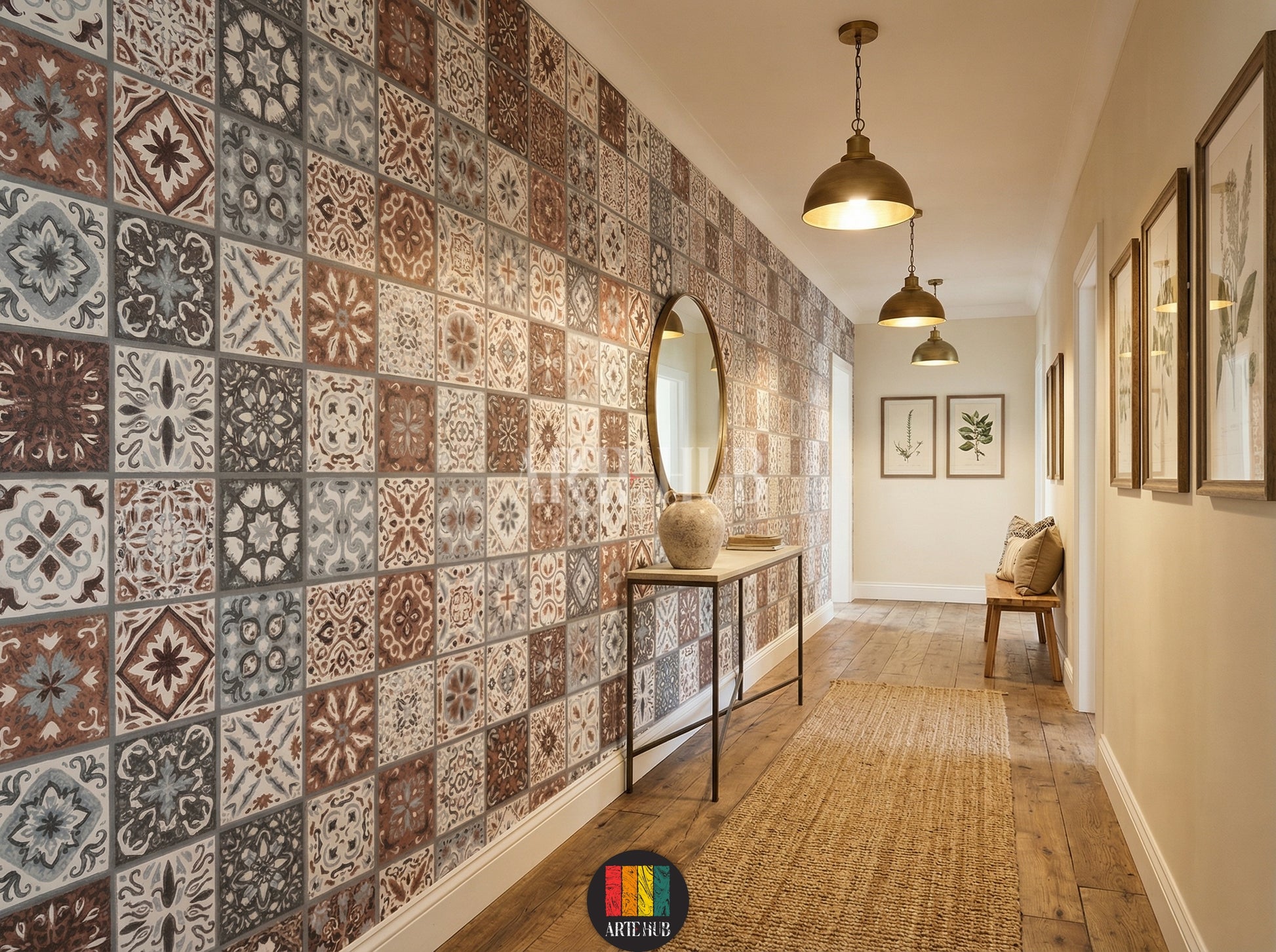 Detailed view of a halway wall featuring intricate Moroccan tile pattern wallpaper in blue, grey, and brown, enhancing modern home decor in Egypt.
صورة مفصلة لممر مغطى بورق حائط بنقوش بلاط مغربي باللون الأزرق والرمادي والبني، مثالي لديكورات المنازل العصرية في مصر.
room: halway