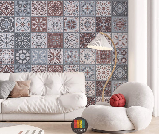 Detailed view of a living room wall featuring intricate Moroccan tile pattern wallpaper in blue, grey, and brown, enhancing modern home decor in Egypt.
صورة مفصلة لحائط غرفة معيشة مغطى بورق حائط بنقوش بلاط مغربي باللون الأزرق والرمادي والبني، مثالي لديكورات المنازل العصرية في مصر.
room: living room