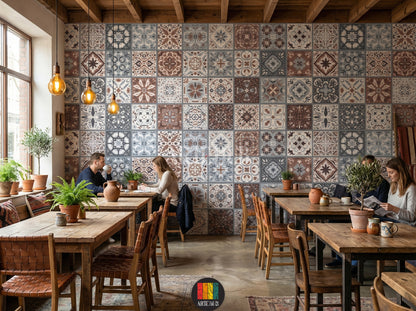 Detailed view of a cafe wall featuring intricate Moroccan tile pattern wallpaper in blue, grey, and brown, enhancing modern home decor in Egypt.
صورة مفصلة لحائط كافيه مغطى بورق حائط بنقوش بلاط مغربي باللون الأزرق والرمادي والبني، مثالي لديكورات المنازل العصرية في مصر.
room: cafe