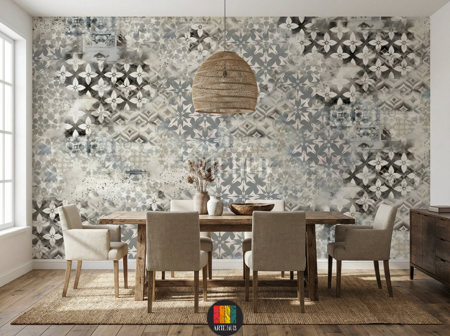 Full view of a dining room featuring a modern, distressed grey and white patterned wallpaper (Mosaic Fusion design) with geometric and floral motifs. A wooden dining table with beige chairs, a woven pendant light, and a natural fiber rug complete the stylish home decor in Egypt.
مشهد كامل لغرفة طعام بديكور عصري يضم ورق حائط رمادي وأبيض بنمط موزاييك وورود متداخلة (تصميم فيوجن). طاولة طعام خشبية مع كراسي بيج، إضاءة معلقة من الخوص، وسجادة من الألياف الطبيعية تزين الديكور 
room: dining room