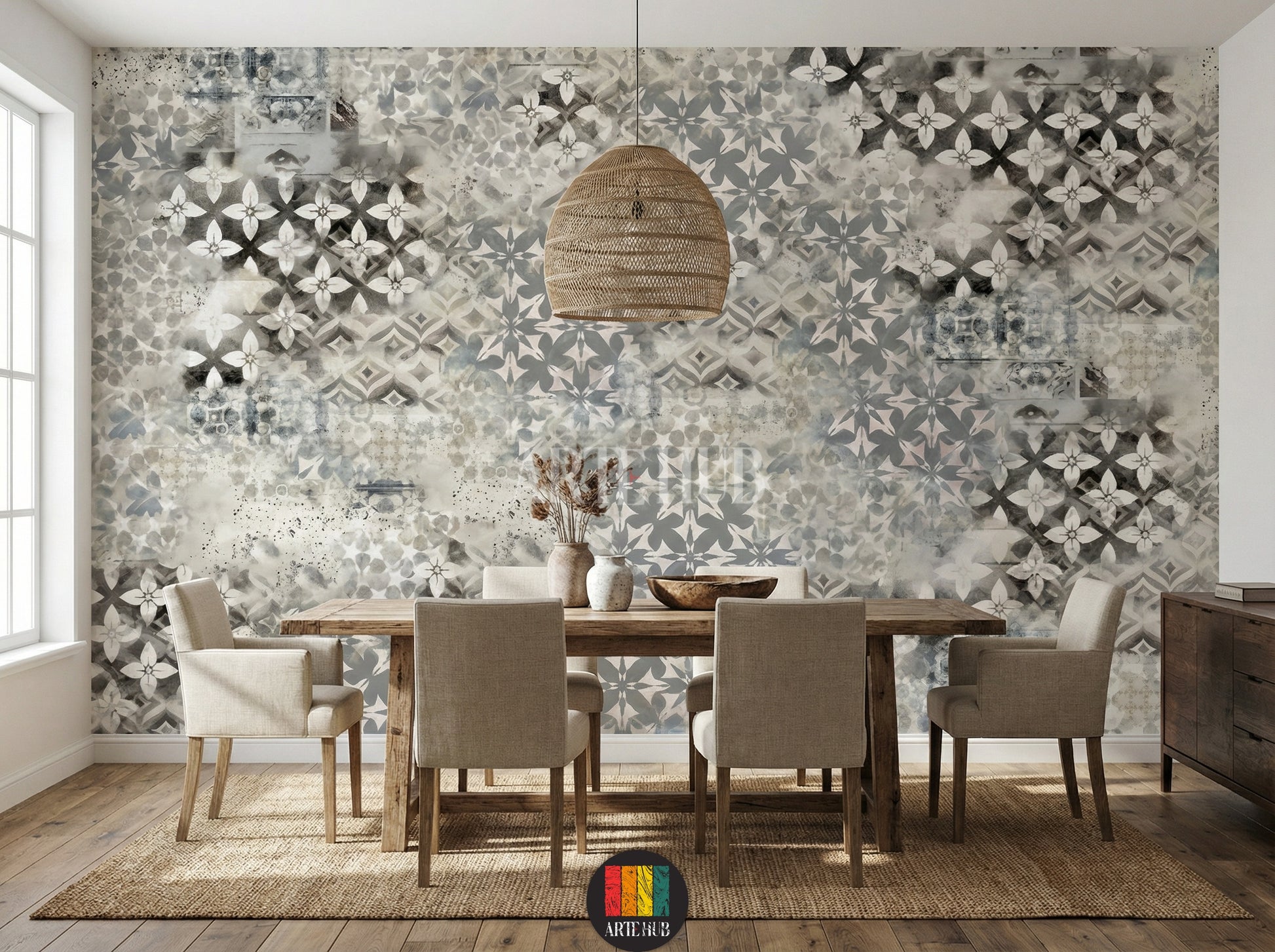 Full view of a dining room featuring a modern, distressed grey and white patterned wallpaper (Mosaic Fusion design) with geometric and floral motifs. A wooden dining table with beige chairs, a woven pendant light, and a natural fiber rug complete the stylish home decor in Egypt.
مشهد كامل لغرفة طعام بديكور عصري يضم ورق حائط رمادي وأبيض بنمط موزاييك وورود متداخلة (تصميم فيوجن). طاولة طعام خشبية مع كراسي بيج، إضاءة معلقة من الخوص، وسجادة من الألياف الطبيعية تزين الديكور 
room: dining room