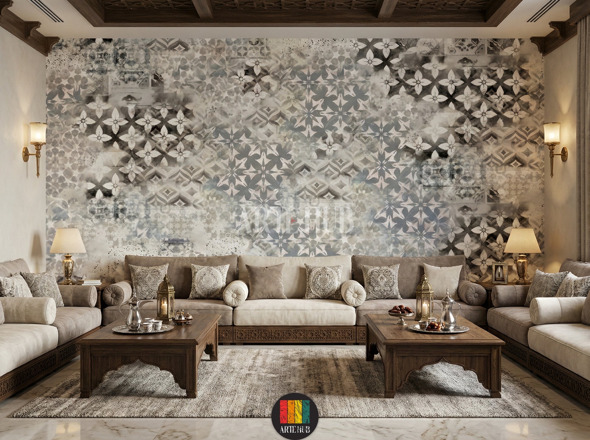 Full view of a majles room featuring a modern, distressed grey and white patterned wallpaper (Mosaic Fusion design) with geometric and floral motifs. A wooden dining table with beige chairs, a woven pendant light, and a natural fiber rug complete the stylish home decor in Egypt.
مشهد كامل لغرفة مجلس بديكور عصري يضم ورق حائط رمادي وأبيض بنمط موزاييك وورود متداخلة (تصميم فيوجن). طاولة طعام خشبية مع كراسي بيج، إضاءة معلقة من الخوص، وسجادة من الألياف الطبيعية تزين الديكو
room: majles room