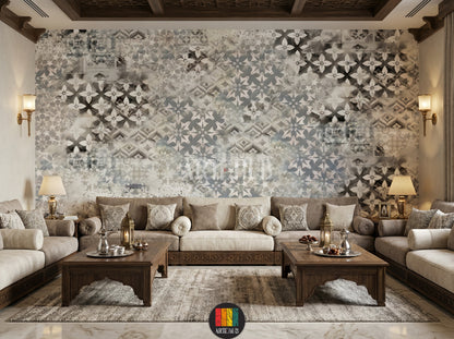 Full view of a majles room featuring a modern, distressed grey and white patterned wallpaper (Mosaic Fusion design) with geometric and floral motifs. A wooden dining table with beige chairs, a woven pendant light, and a natural fiber rug complete the stylish home decor in Egypt.
مشهد كامل لغرفة مجلس بديكور عصري يضم ورق حائط رمادي وأبيض بنمط موزاييك وورود متداخلة (تصميم فيوجن). طاولة طعام خشبية مع كراسي بيج، إضاءة معلقة من الخوص، وسجادة من الألياف الطبيعية تزين الديكو
room: majles room