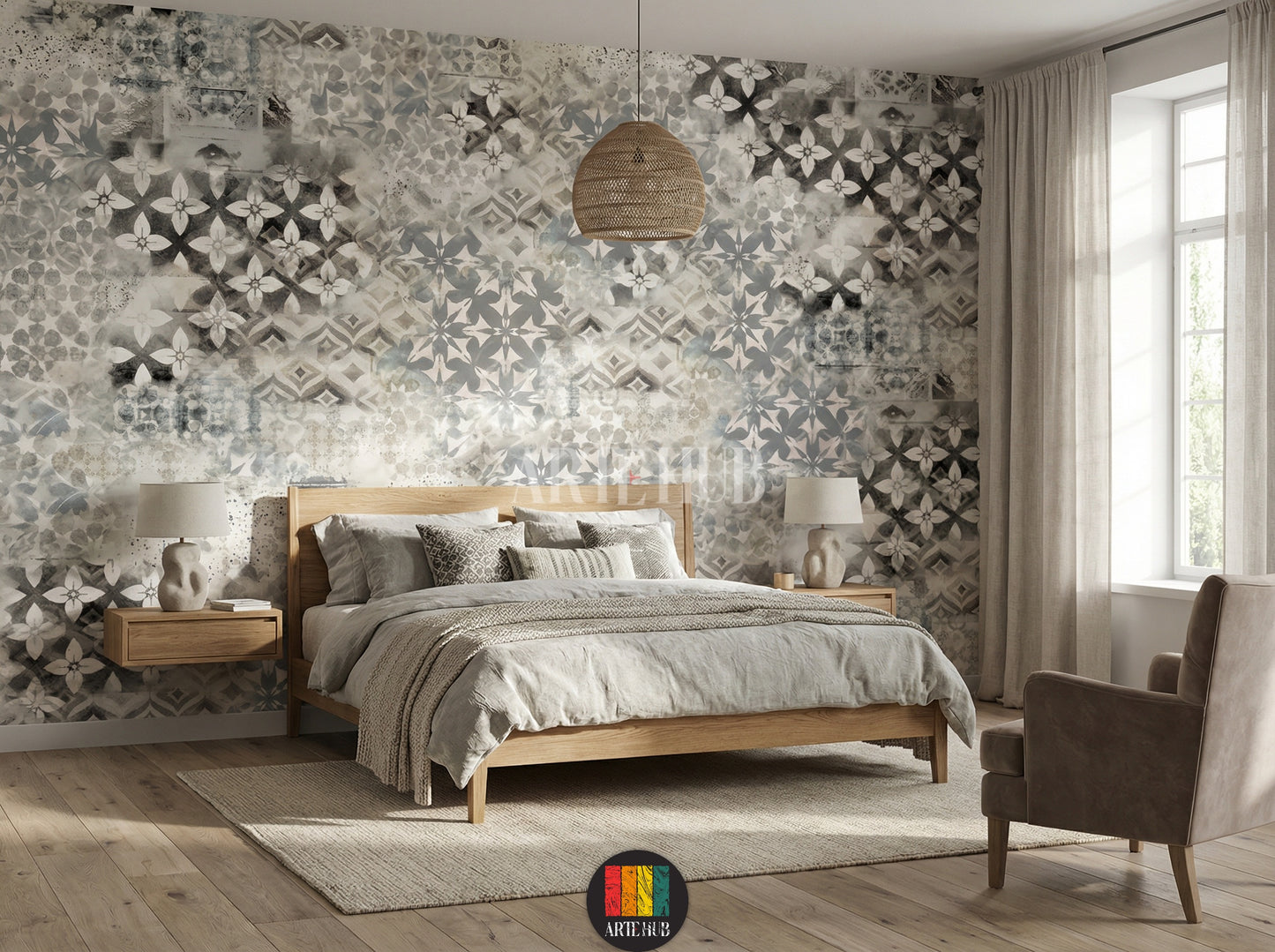 Full view of a bedroom featuring a modern, distressed grey and white patterned wallpaper (Mosaic Fusion design) with geometric and floral motifs. A wooden table with beige chairs, a woven pendant light, and a natural fiber rug complete the stylish home decor in Egypt.
مشهد كامل لغرفة نوم بديكور عصري يضم ورق حائط رمادي وأبيض بنمط موزاييك وورود متداخلة (تصميم فيوجن). طاولة طعام خشبية مع كراسي بيج، إضاءة معلقة من الخوص، وسجادة من الألياف الطبيعية تزين الديكور المنزلي الأنيق في مصر.
room: bedroom