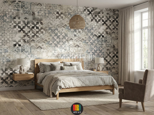 Full view of a bedroom featuring a modern, distressed grey and white patterned wallpaper (Mosaic Fusion design) with geometric and floral motifs. A wooden table with beige chairs, a woven pendant light, and a natural fiber rug complete the stylish home decor in Egypt.
مشهد كامل لغرفة نوم بديكور عصري يضم ورق حائط رمادي وأبيض بنمط موزاييك وورود متداخلة (تصميم فيوجن). طاولة طعام خشبية مع كراسي بيج، إضاءة معلقة من الخوص، وسجادة من الألياف الطبيعية تزين الديكور المنزلي الأنيق في مصر.
room: bedroom
