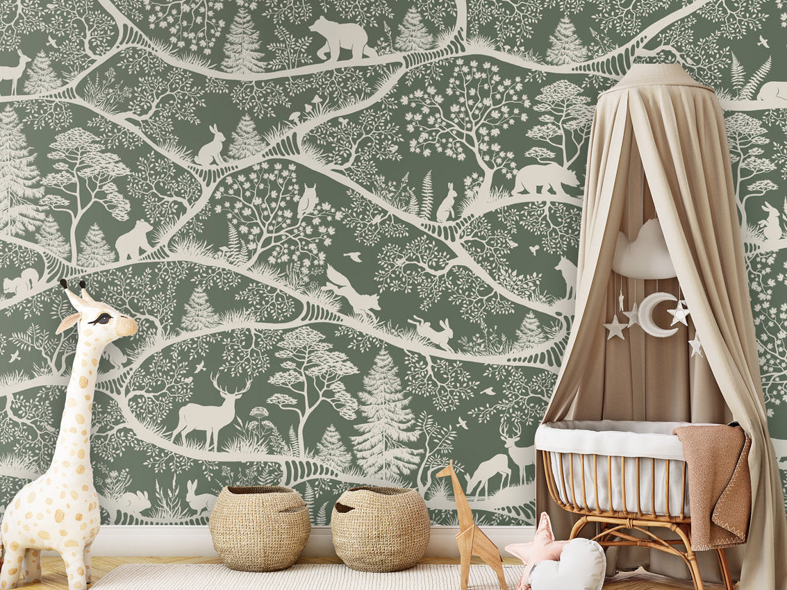 Nordic Nature - green white kids room wallpaper interior — premium wallpaper by Artehub Egypt