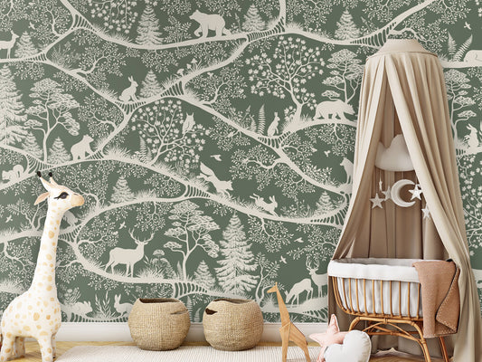Nordic Nature - green white kids room wallpaper interior — premium wallpaper by Artehub Egypt