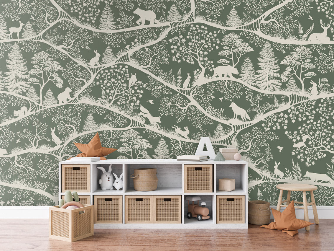 Nordic Nature - green white kids room wallpaper interior — premium wallpaper by Artehub Egypt