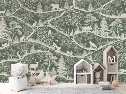 Nordic Nature - green white kids room wallpaper interior — premium wallpaper by Artehub Egypt