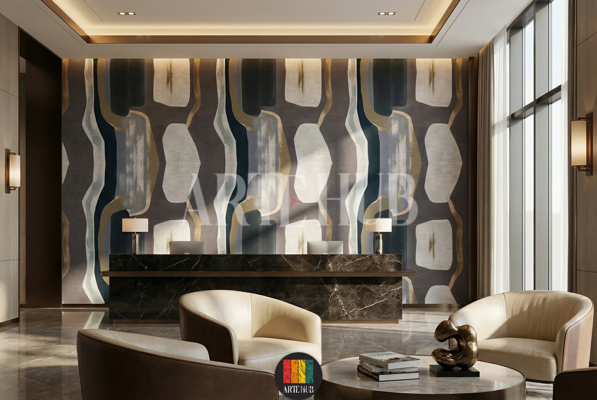 A luxurious modern reception area in Egypt featuring an abstract wallpaper with flowing organic shapes in grey, beige, black, and gold tones. The space includes a dark marble counter, elegant cream armchairs, and a round coffee table, showcasing sophisticated Egyptian interior design.
صالة استقبال فاخرة في مصر تتميز بورق حائط بتصميم تجريدي حديث بأشكال انسيابية وألوان رمادية وبيج وذهبية. يظهر في الصورة كاونتر رخامي داكن وكراسي جلدية مريحة وطاولة قهوة، مما يعكس الأناقة في الديكور المصري.