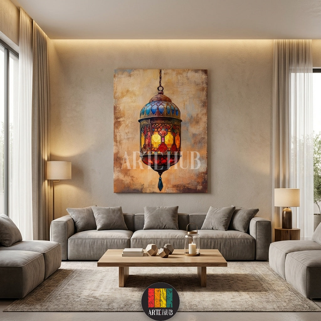 A detailed canvas painting of a colorful traditional lantern with intricate patterns, hanging on a textured background, part of the Artehub wall art collection in Egypt.

 لوحة كانفاس مفصلة لقنديل تقليدي ملون بنقوش معقدة، معلقة على خلفية ذهبية، من مجموعة تابلوهات Artehub للديكور في مصر.