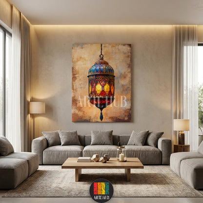 A detailed canvas painting of a colorful traditional lantern with intricate patterns, hanging on a textured background, part of the Artehub wall art collection in Egypt.

 لوحة كانفاس مفصلة لقنديل تقليدي ملون بنقوش معقدة، معلقة على خلفية ذهبية، من مجموعة تابلوهات Artehub للديكور في مصر.