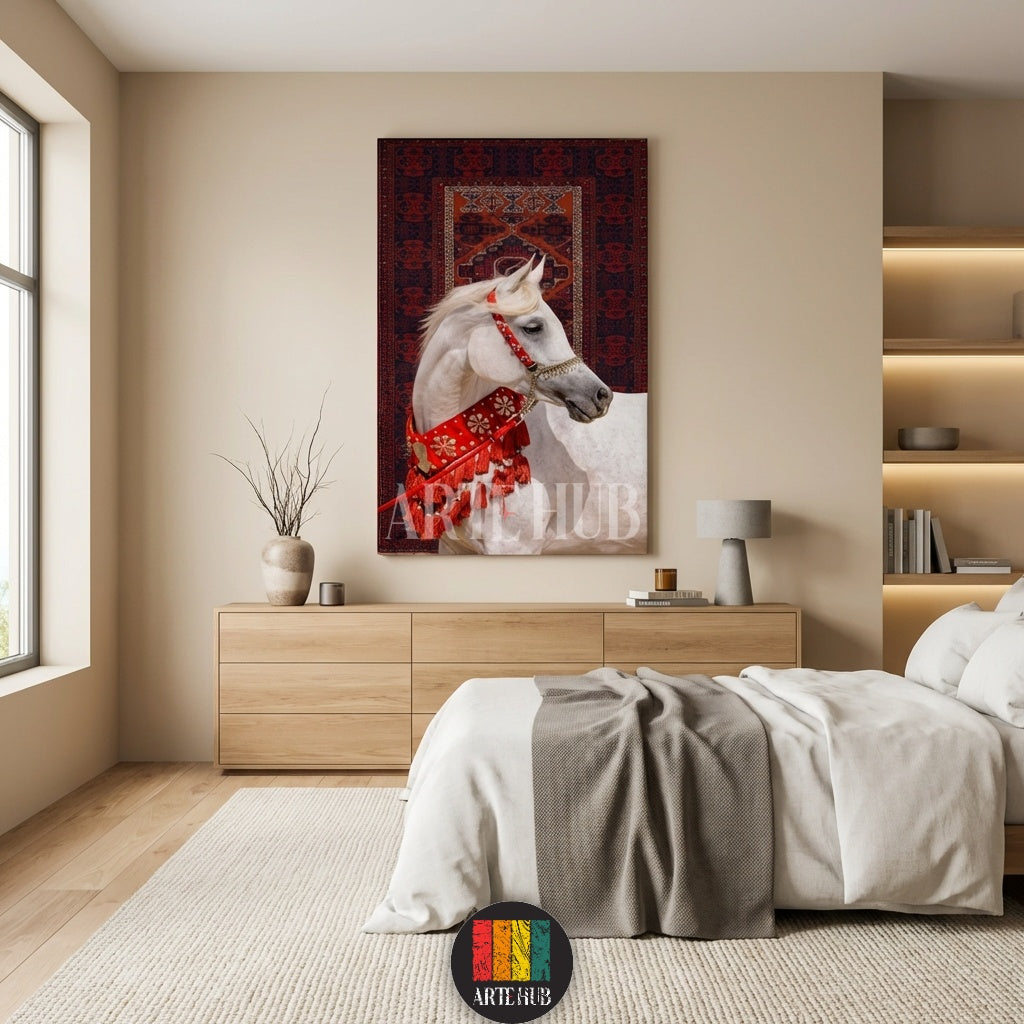 Detailed canvas print of a white Arabian horse adorned with red and gold traditional harness against a Persian rug background, wall decor by Artehub Egypt.

لوحة كانفاس مفصلة لحصان عربي أبيض مزين بلجام أحمر وذهبي تقليدي على خلفية سجادة فارسية، ديكور حائط من آرت هب مصر.