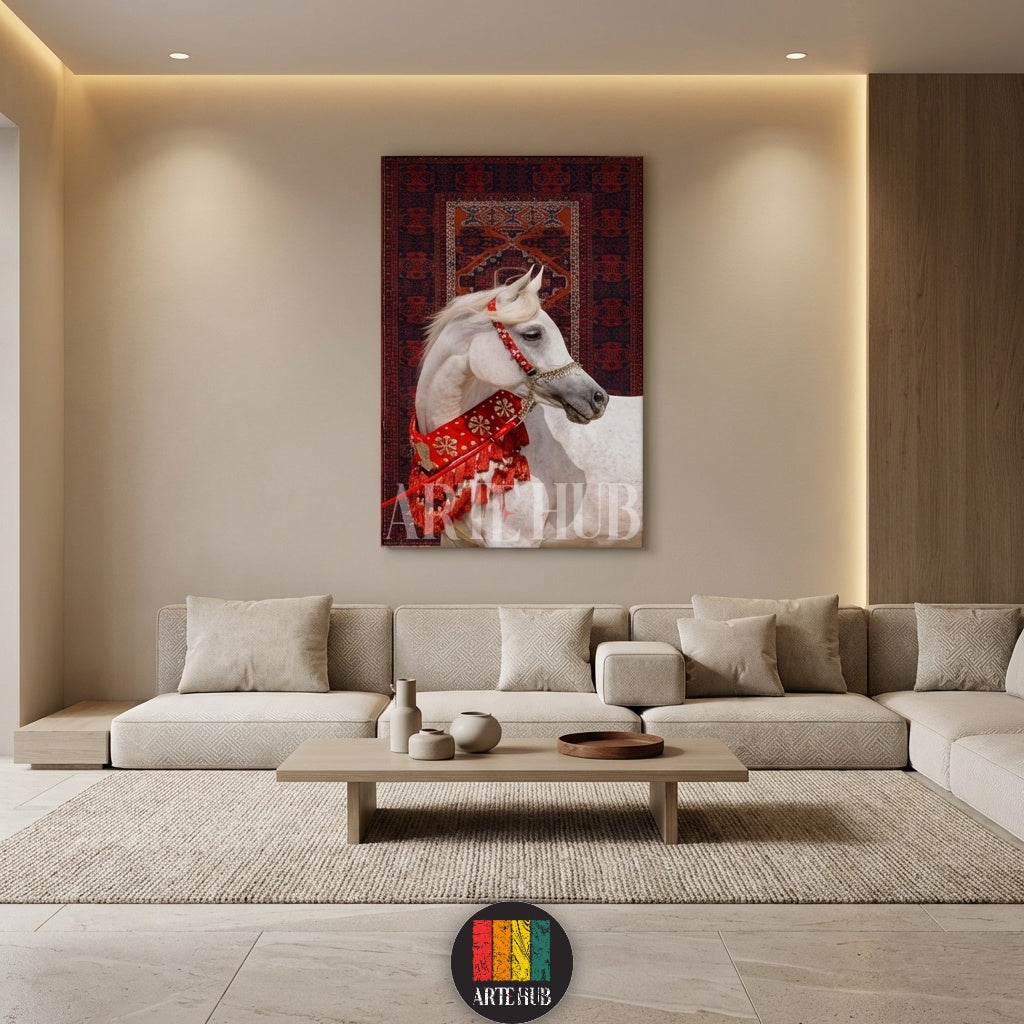 Detailed canvas print of a white Arabian horse adorned with red and gold traditional harness against a Persian rug background, wall decor by Artehub Egypt.

لوحة كانفاس مفصلة لحصان عربي أبيض مزين بلجام أحمر وذهبي تقليدي على خلفية سجادة فارسية، ديكور حائط من آرت هب مصر.