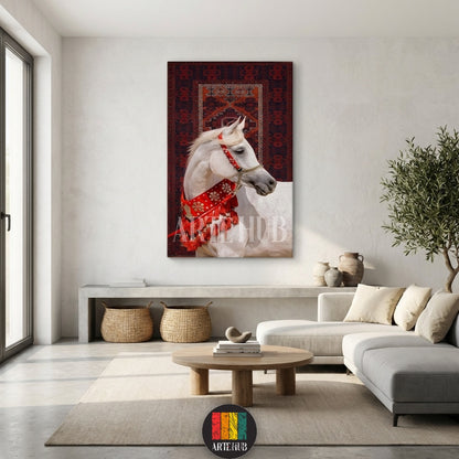 Detailed canvas print of a white Arabian horse adorned with red and gold traditional harness against a Persian rug background, wall decor by Artehub Egypt.

لوحة كانفاس مفصلة لحصان عربي أبيض مزين بلجام أحمر وذهبي تقليدي على خلفية سجادة فارسية، ديكور حائط من آرت هب مصر.