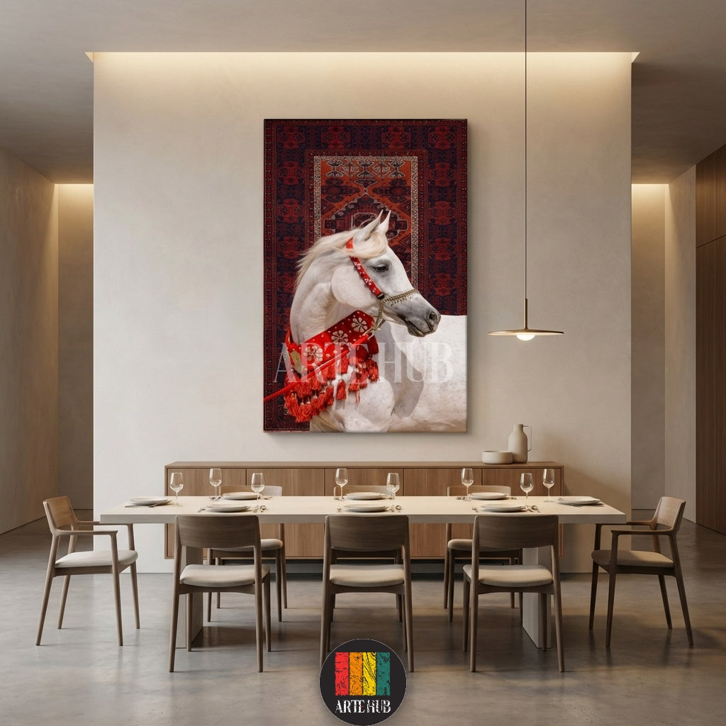 Detailed canvas print of a white Arabian horse adorned with red and gold traditional harness against a Persian rug background, wall decor by Artehub Egypt.

لوحة كانفاس مفصلة لحصان عربي أبيض مزين بلجام أحمر وذهبي تقليدي على خلفية سجادة فارسية، ديكور حائط من آرت هب مصر.