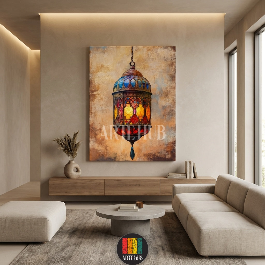 A detailed canvas painting of a colorful traditional lantern with intricate patterns, hanging on a textured background, part of the Artehub wall art collection in Egypt.

 لوحة كانفاس مفصلة لقنديل تقليدي ملون بنقوش معقدة، معلقة على خلفية ذهبية، من مجموعة تابلوهات Artehub للديكور في مصر.