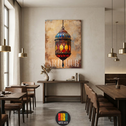 A detailed canvas painting of a colorful traditional lantern with intricate patterns, hanging on a textured background, part of the Artehub wall art collection in Egypt.

 لوحة كانفاس مفصلة لقنديل تقليدي ملون بنقوش معقدة، معلقة على خلفية ذهبية، من مجموعة تابلوهات Artehub للديكور في مصر.