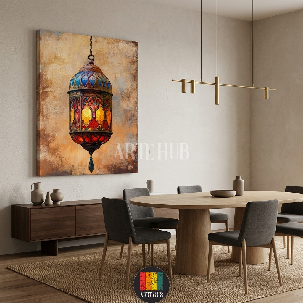A detailed canvas painting of a colorful traditional lantern with intricate patterns, hanging on a textured background, part of the Artehub wall art collection in Egypt.

 لوحة كانفاس مفصلة لقنديل تقليدي ملون بنقوش معقدة، معلقة على خلفية ذهبية، من مجموعة تابلوهات Artehub للديكور في مصر.