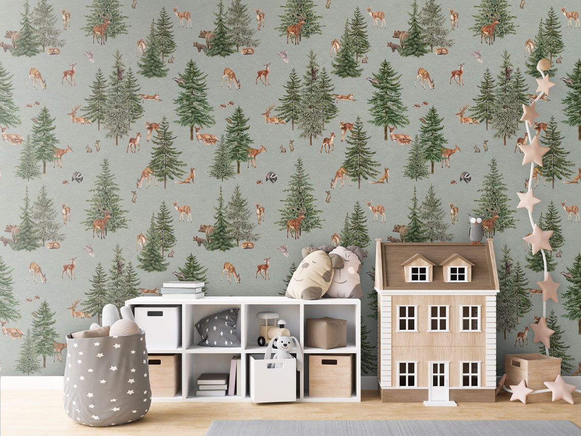 Pine Forest - Blue luxury wallpaper in kids room interior — Artehub Egypt