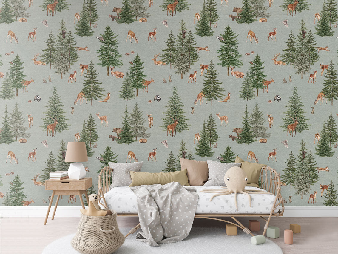 Pine Forest - Blue luxury wallpaper in kids room interior — Artehub Egypt