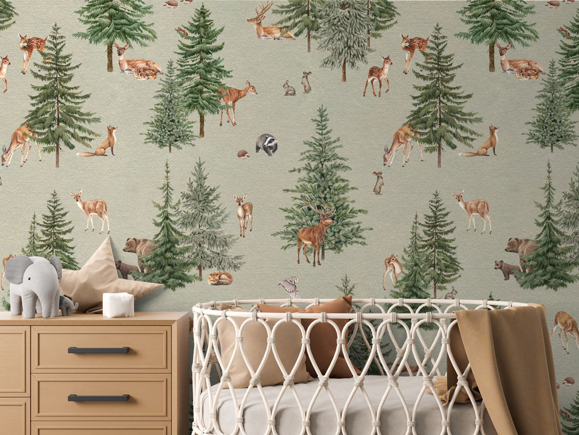 Pine Forest - Green luxury wallpaper in kids room interior — Artehub Egypt