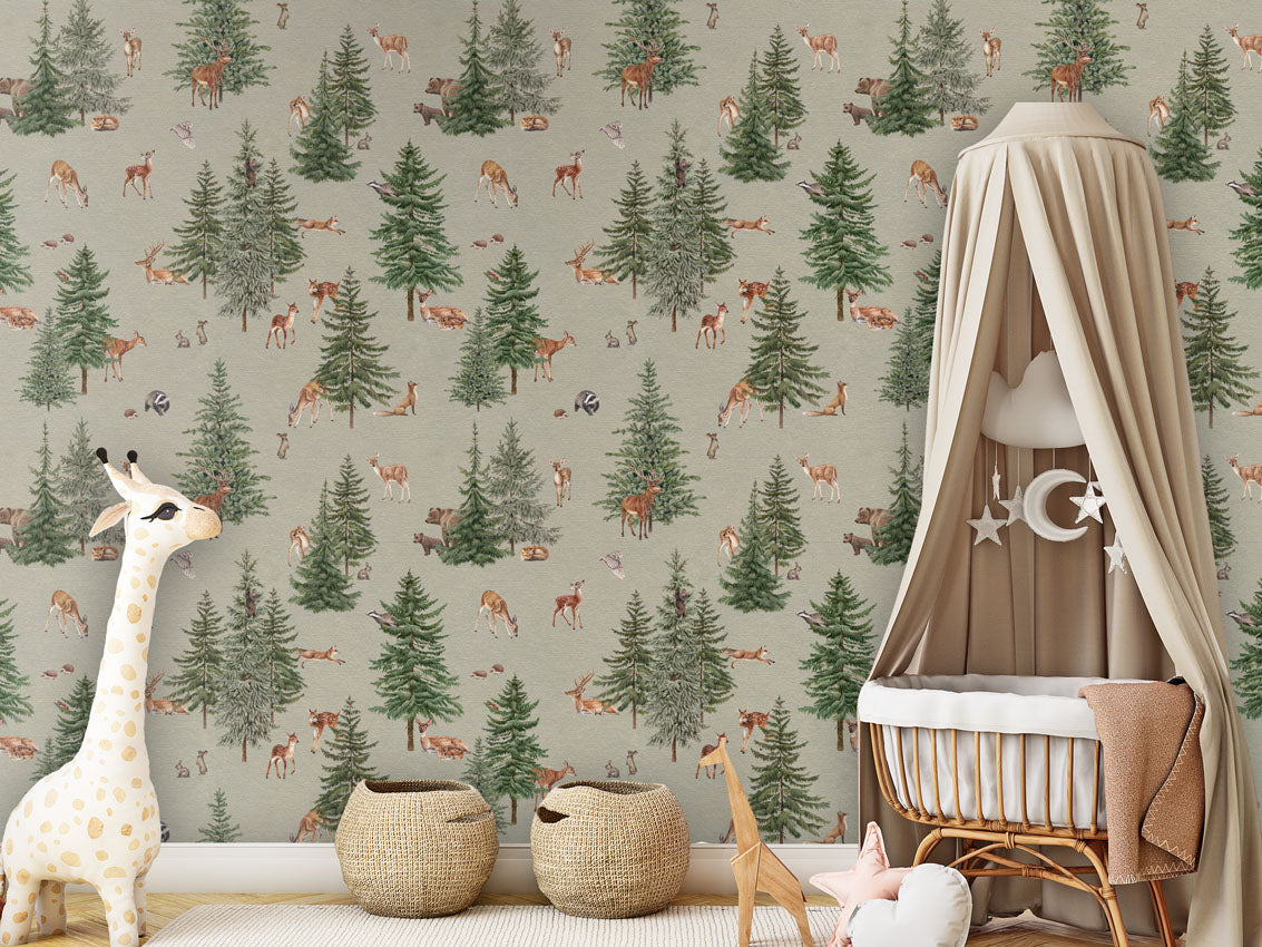 Pine Forest - Green luxury wallpaper in kids room interior — Artehub Egypt