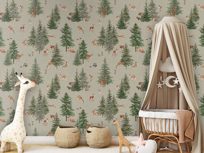 Pine Forest - Green luxury wallpaper in kids room interior — Artehub Egypt
