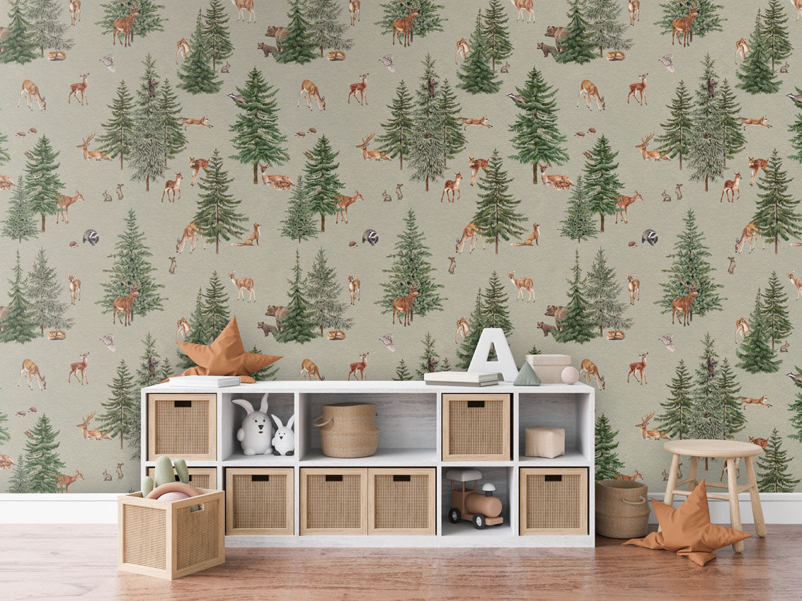Pine Forest - Green luxury wallpaper in kids room interior — Artehub Egypt
