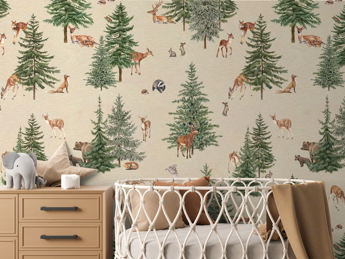 Pine Forest - Sand luxury wallpaper in kids room interior — Artehub Egypt