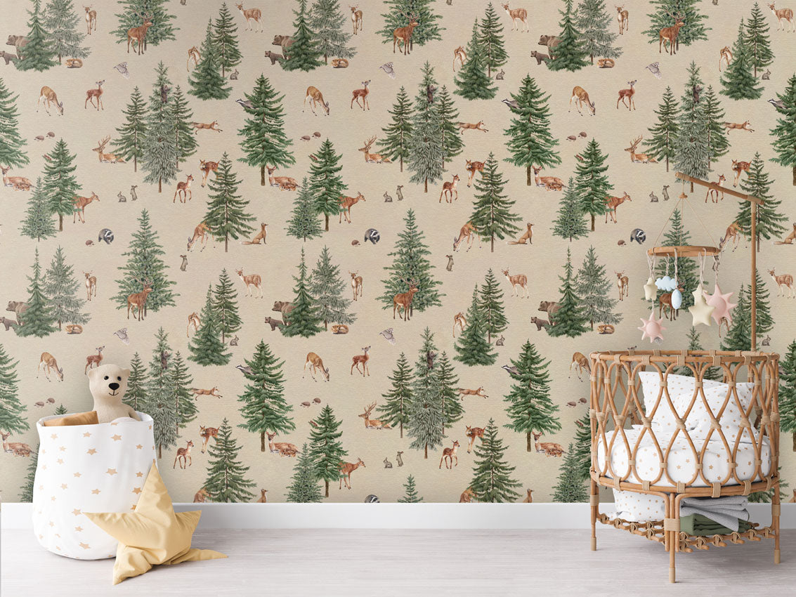 Pine Forest - Sand luxury wallpaper in kids room interior — Artehub Egypt