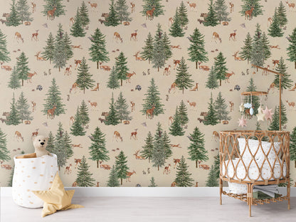 Pine Forest - Sand luxury wallpaper in kids room interior — Artehub Egypt