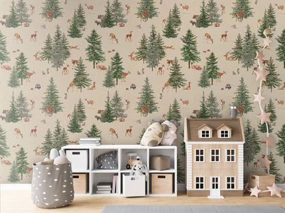 Pine Forest - Sand luxury wallpaper in kids room interior — Artehub Egypt