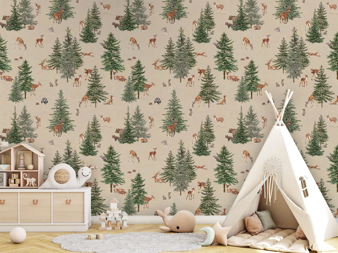 Pine Forest - Sand luxury wallpaper in kids room interior — Artehub Egypt