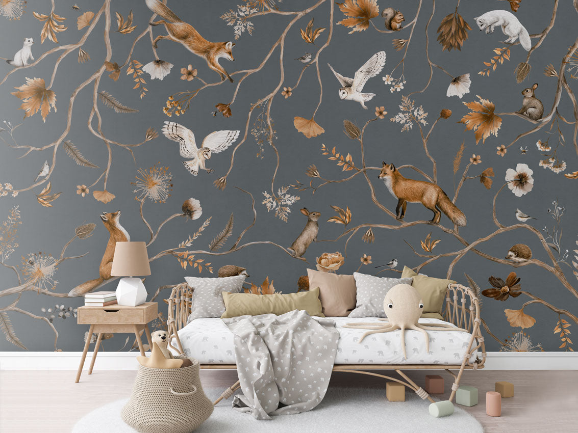 Playful Forest - blue luxury wallpaper in kids room interior — Artehub Egypt