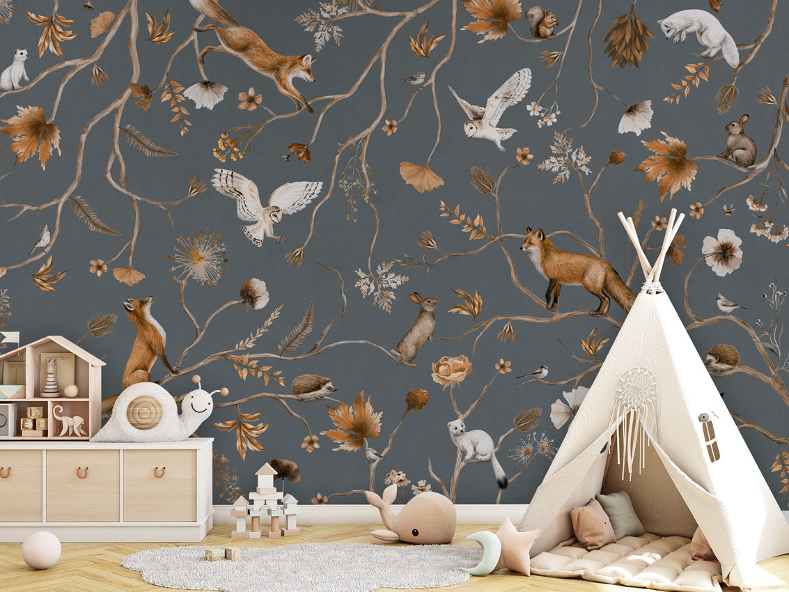 Playful Forest - blue luxury wallpaper in kids room interior — Artehub Egypt