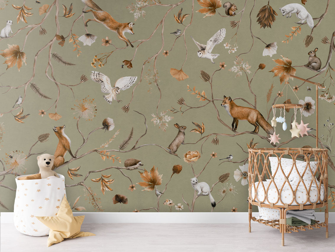 Playful Forest - green luxury wallpaper in kids room interior — Artehub Egypt
